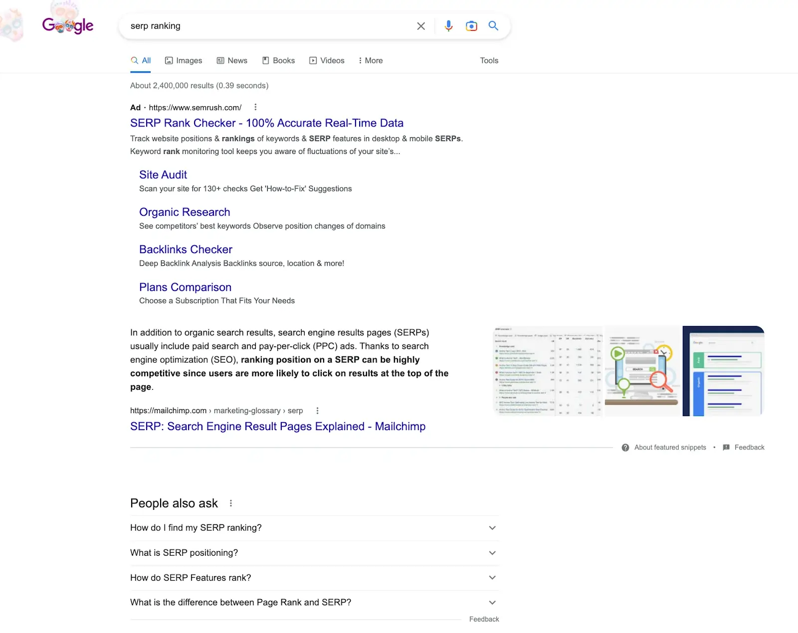Illustration of a Google Search Engine Results Page showing paid ads, organic results, and related questions sections.