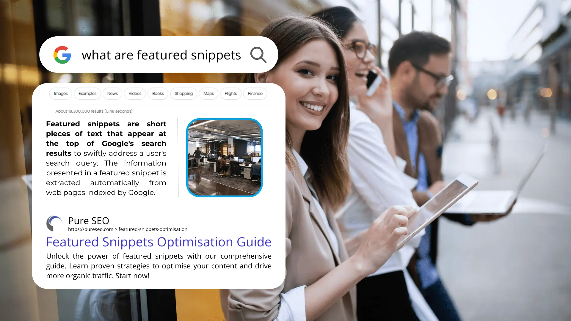 Google search result explaining featured snippets with a group of people using digital devices in the background.